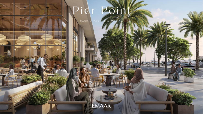 Une scène animée de café en plein air près de la marina de Pierpoint, avec des gens qui discutent autour de tables sous des palmiers. Un bâtiment moderne avec de grandes fenêtres rondes se trouve en arrière-plan. La scène dégage une atmosphère luxueuse et détendue, capturant parfaitement le charme de Pierpoint.