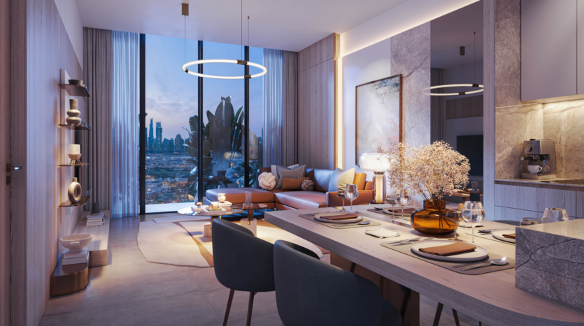 Modern, elegant open-plan living and dining room with stylish decor. Includes a dining table for four and a comfortable sitting area with sofa. The bay windows offer a view of the city's rooftops at dusk, highlighting a warmly lit interior.