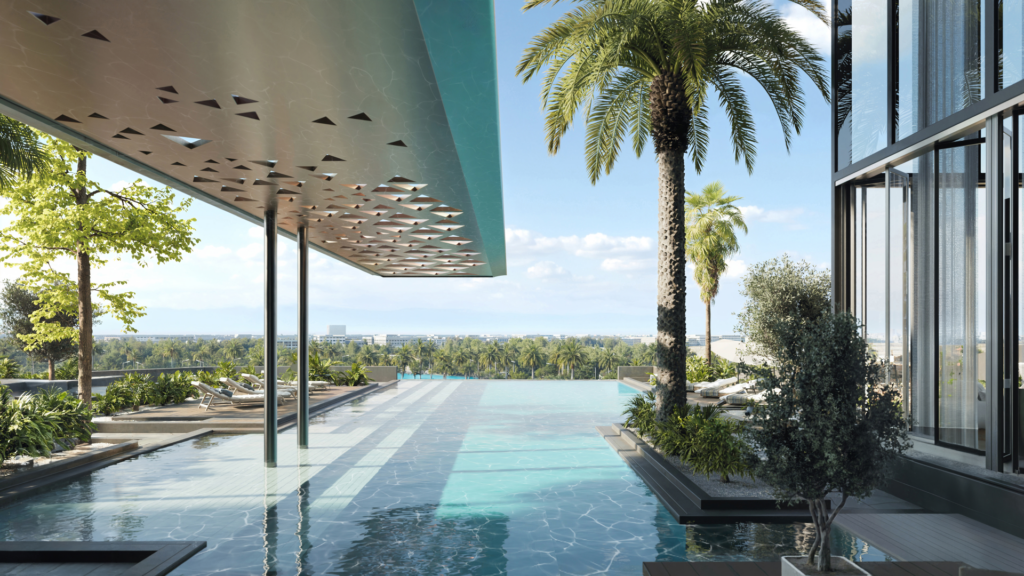 Une piscine à débordement moderne avec un auvent géométrique surplombe un paysage pittoresque. Des palmiers et de la verdure entourent la piscine, avec des chaises longues en arrière-plan. Le ciel est clair et bleu.