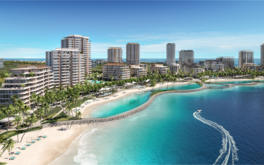 Un paesaggio marino tropicale è caratterizzato da moderni grattacieli, palme lussureggianti e una spiaggia sabbiosa sinuosa. L'acqua limpida e azzurra è rappresentata da una barca che crea una scia e riflette un cielo soleggiato, suggerendo una lussuosa destinazione di vacanza.