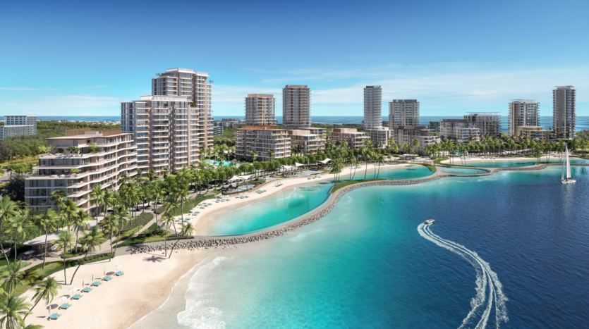 Un paysage urbain tropical en bord de mer présente des immeubles modernes de grande hauteur, des palmiers luxuriants et une plage de sable incurvée. Une eau bleu clair est représentée avec un bateau créant un sillage, reflétant un ciel ensoleillé, suggérant une destination de villégiature luxueuse.