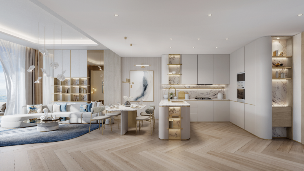 Cucina e soggiorno moderni, a pianta aperta, ispirati a Sunset Bay, con pavimenti in legno chiaro, armadietti bianchi e piani di lavoro in marmo. Accanto alla cucina si trova un tavolo da pranzo con sedie. Il soggiorno ha un divano curvo che invita a rilassarsi accanto a un'ampia finestra ornata da tende trasparenti.