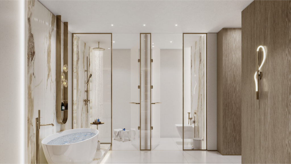 Il bagno moderno evoca l'ambiente sereno di Sunset Bay, con una grande vasca freestanding piena d'acqua, una doccia a pioggia dietro porte di vetro ed eleganti pareti in marmo. L'illuminazione calda esalta l'arredamento minimalista, con asciugamani e articoli da toilette disposti ordinatamente su una mensola a muro.