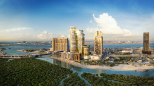 Luftaufnahme von Rivage, einer urbanen Küstenlandschaft mit modernen Hochhäusern an einem Wasserlauf und grünen Mangrovenwäldern. Der Horizont unter einem hellblauen Himmel hebt die harmonische Mischung aus städtischer Entwicklung und natürlicher Landschaft hervor.