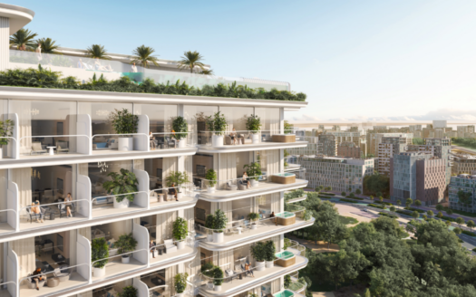 Mit Blick auf die Stadtlandschaft verfügt dieses moderne Apartmentgebäude mit dem Namen Edition 3 über üppige Balkone, die vor Pflanzen nur so strotzen. Das Dach ist mit Palmen und Grün geschmückt. Im Hintergrund befinden sich buchtähnliche Grünflächen, die unter einem hellblauen Himmel harmonisch mit den städtischen Gebäuden verschmelzen.