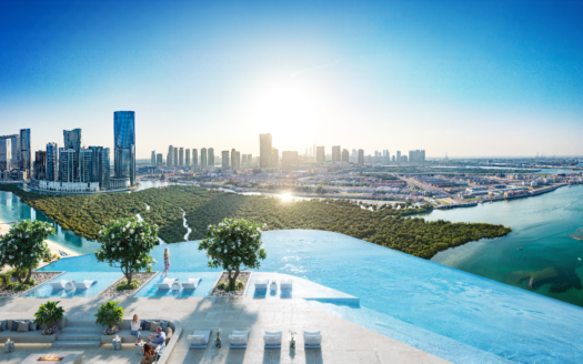Ein wunderschöner Infinity-Pool in Le Rivage überragt die städtische Skyline bei Sonnenuntergang. Üppige Vegetation ist zwischen modernen Wolkenkratzern und gewundenen Wasserwegen eingebettet und bildet einen ruhigen Kontrast. Die Sitzgelegenheiten am Pool bieten einen luxuriösen Platz, um den Panoramablick zu genießen.