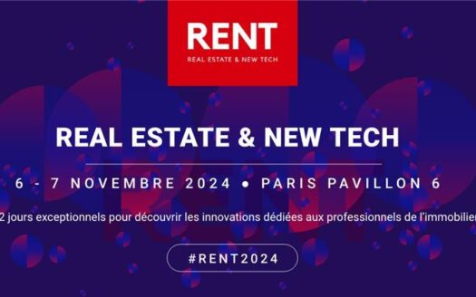 Image promotionnelle pour le salon "RENT : Real Estate & New Tech". Organisé les 6 et 7 novembre 2024 au Pavillon 6 de Paris. Découvrez les innovations dans l'immobilier avec Dubai Immo Partners pour les professionnels. Avec le hashtag #RENT2024 et un fond bleu foncé avec des accents rouges.