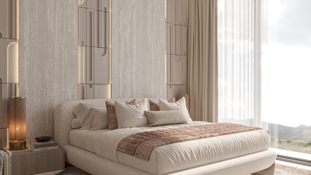 A modern bedroom with a soft bed, beige and pink pillows and a matching blanket. The walls have a geometric design and two lamps with warm lighting frame the bed. A large window reveals a view of the outside.