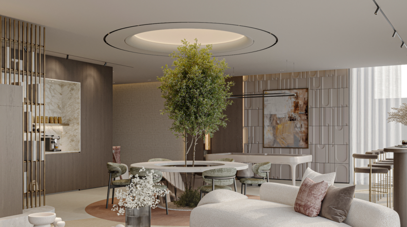 A modern living space with a central circular skylight, a tree planted in the middle of a dining area, contemporary furniture and minimalist decor. Warm neutral tones dominate the color palette, with abstract art on the walls.