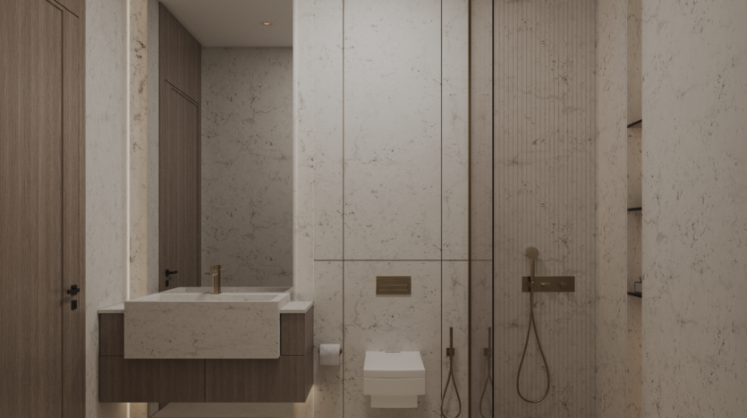 La salle de bain Binghatti Elite est dotée de murs en marbre beige, d'une vasque flottante avec un lavabo rectangulaire, de toilettes suspendues et d'un espace douche avec pommeau de douche à effet pluie. Ce design minimaliste présente des accents de bois chaleureux et un éclairage doux pour une atmosphère élégante.