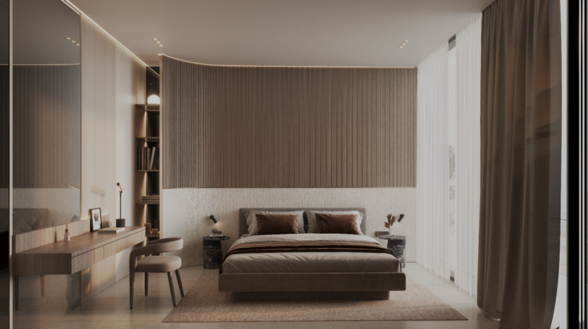 La chambre moderne du Binghatti Elite présente un design minimaliste, avec un lit double avec une literie neutre et deux tables de chevet. Un bureau intégré avec une chaise et des étagères borde le mur de gauche. De grandes fenêtres inondent l'espace de lumière naturelle, tandis qu'un tapis texturé ajoute de la chaleur au sol.