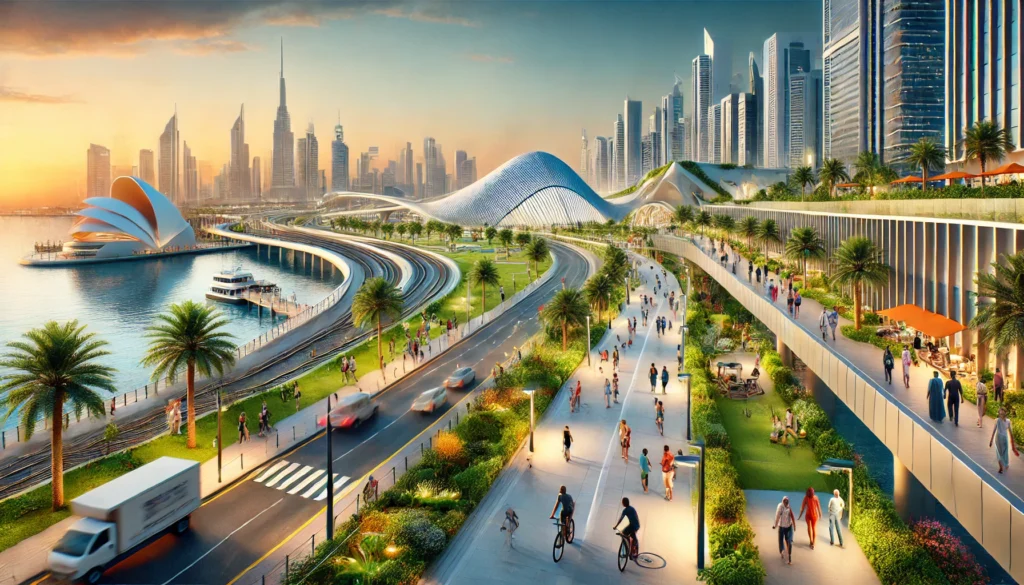 Un paysage urbain luxueux et futuriste au coucher du soleil met en valeur le plan directeur de Dubaï avec ses gratte-ciels élégants et son front de mer pittoresque. Les gens se promènent, font du vélo et se rassemblent près des palmiers le long des sentiers modernes à côté d'une route à plusieurs voies, capturant l'essence de l'élégance urbaine.