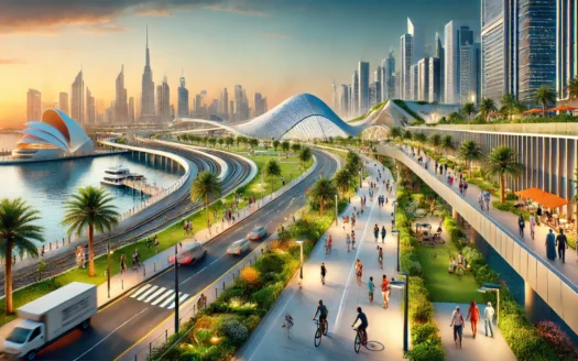 Un paysage urbain luxueux et futuriste au coucher du soleil met en valeur le plan directeur de Dubaï avec ses gratte-ciels élégants et son front de mer pittoresque. Les gens se promènent, font du vélo et se rassemblent près des palmiers le long des sentiers modernes à côté d'une route à plusieurs voies, capturant l'essence de l'élégance urbaine.