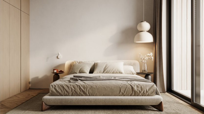 Una camera da letto minimalista ha un letto king size con lenzuola beige, affiancato da due comodini. Una lampada a sospensione e un'applique forniscono l'illuminazione. Accenti in legno chiaro e una finestra a tutta altezza con tenda si aprono su terrazze serene, rafforzando l'atmosfera tranquilla.