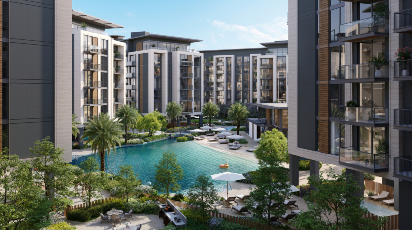 Modern apartment complex featuring tall buildings with large windows and balconies. In the center, a turquoise pool is surrounded by palm trees, sun loungers and parasols. Lush vegetation completes the serene atmosphere under a clear sky.