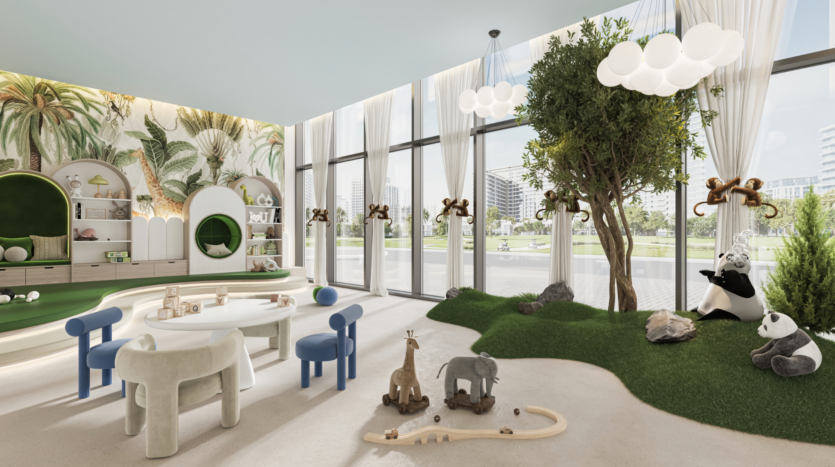A modern jungle-themed children's playroom featuring a play table with chairs, wooden animal toys, artificial grass, a tree with stuffed animals, large windows and tropical wallpaper. Bright, inviting space with views of an outdoor cityscape.