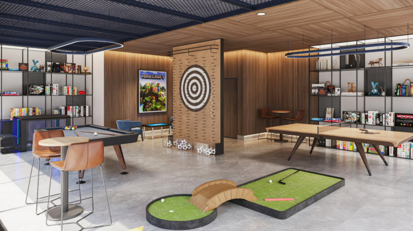 Modern games room with pool table, mini-golf, darts and board games on shelves. Two bar stools at the counter, mood lighting and wood panelling create a warm atmosphere. Several game boxes and decorations are displayed on shelves.