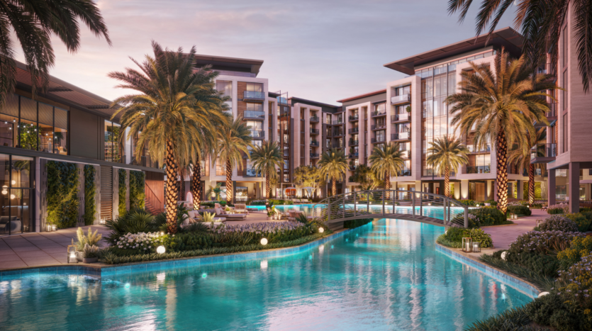 Luxurious apartment complex with modern buildings, palm trees and a large pool winding through the courtyard. A small bridge crosses the pool. Illuminated by soft lighting, the scene is tranquil and welcoming at dusk.