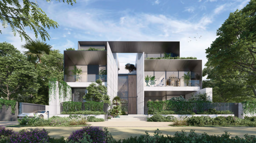 Le bâtiment moderne à plusieurs étages de Bo Monde présente un design géométrique, mis en valeur par de grandes baies vitrées et des espaces verts sur le toit. Il est entouré d'arbres luxuriants et d'aménagements paysagers, avec une voiture élégante garée sur la gauche. Le ciel est clair, parsemé de quelques oiseaux en vol.