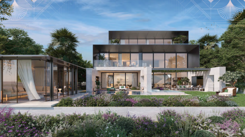 Cette maison moderne à plusieurs étages de Bo Monde dispose de grandes baies vitrées, entourée d'une végétation luxuriante et d'un jardin. L'extérieur présente des accents blancs et sombres chics, complétés par un coin salon extérieur. Un ciel bleu vif sert de toile de fond parfaite.