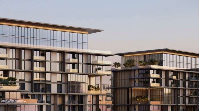 Moderni grattacieli con facciate in vetro e terrazze ornate di piante, sotto un cielo azzurro, costeggiano la vivace City Walk. I balconi sono visibili e le strutture presentano un design elegante e contemporaneo che si integra perfettamente con l'estetica di Crestlane.