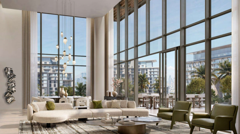 Soggiorno spazioso e moderno a Crestlane con finestre panoramiche che offrono una vista sulla City Walk. Presenta un divano beige curvo, poltrone verdi, un tappeto geometrico e una parete scultorea in metallo. I soffitti alti e il lampadario contemporaneo esaltano l'atmosfera aperta.