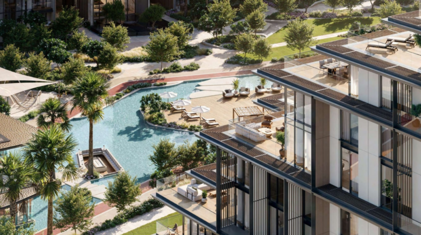 Vista aerea del complesso di appartamenti Crestlane, con la sua elegante facciata in vetro, situato vicino a City Walk. È dotato di una piscina circondata da lettini e ombrelloni, giardini lussureggianti e graziose palme. I balconi si affacciano sulla piscina, offrendo un tocco di lusso.