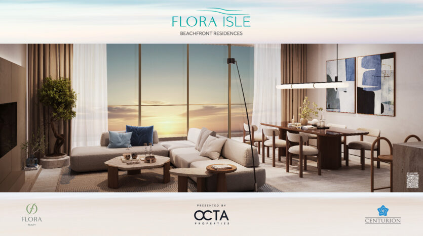 Modern living and dining room with large windows offering ocean sunset views at Flora Isle. Contemporary furnishings include a sectional sofa, coffee table, floor lamp, dining table and chairs. Works of art decorate the walls of these superb seaside residences.
