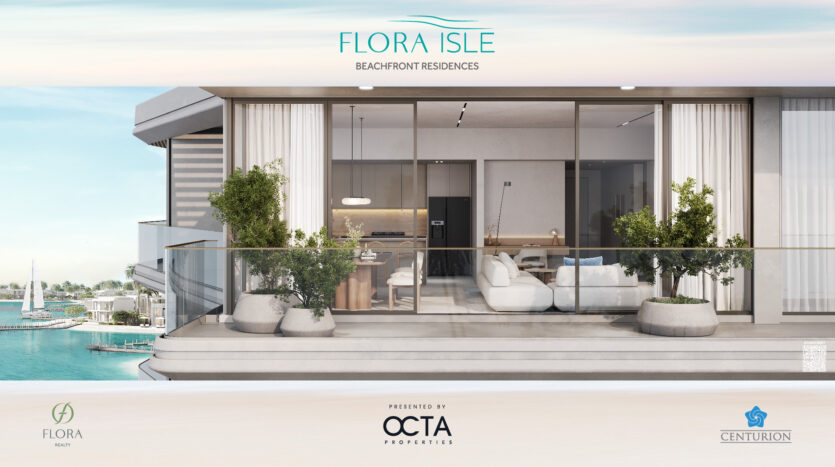 A modern seaside residence with large glass doors reveals a balcony adorned with Flora Isle potted plants. Inside, white sofas complete the kitchen area, all with a serene ocean view under a clear sky. The Flora Isle and Centurion brands are visible throughout.