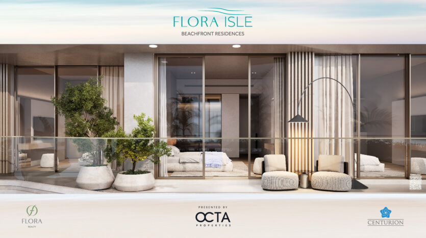 A modern seaside residence on Flora Island features large glass doors and elegant outdoor sitting areas. Potted plants add greenery and a large floor lamp stands next to upholstered chairs. Logos below include Flora Realty and Centurion.