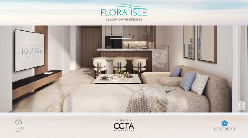 Modern living room in neutral tones, with comfortable corner sofa, minimalist coffee table and kitchen island with bar stools. Large windows bring in natural light. The elegant decor includes touches of Flora Isle greenery, making the space open and welcoming.