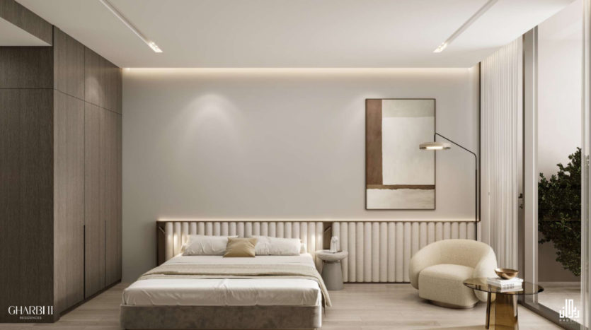 Una camera da letto moderna dal design minimalista, con un letto king-size, una comoda poltrona, una lampada da terra, opere d'arte astratte alla parete ed eleganti armadi in legno. I toni neutri creano un'atmosfera calma e rilassante.