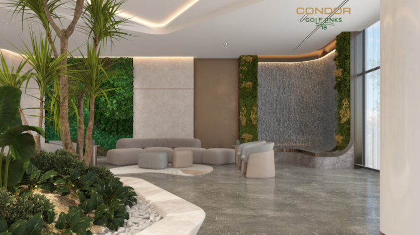 L'intérieur moderne du hall d'entrée est doté de murs verts, d'un bassin apaisant et de sièges élégants. Les tons neutres dominent l'espace, agrémenté de plantes en pot et de grandes fenêtres. Le logo « Condor Golf Links » orne le mur, reflétant l'élégance et l'attrait du golf sur son célèbre parcours de 18 trous.