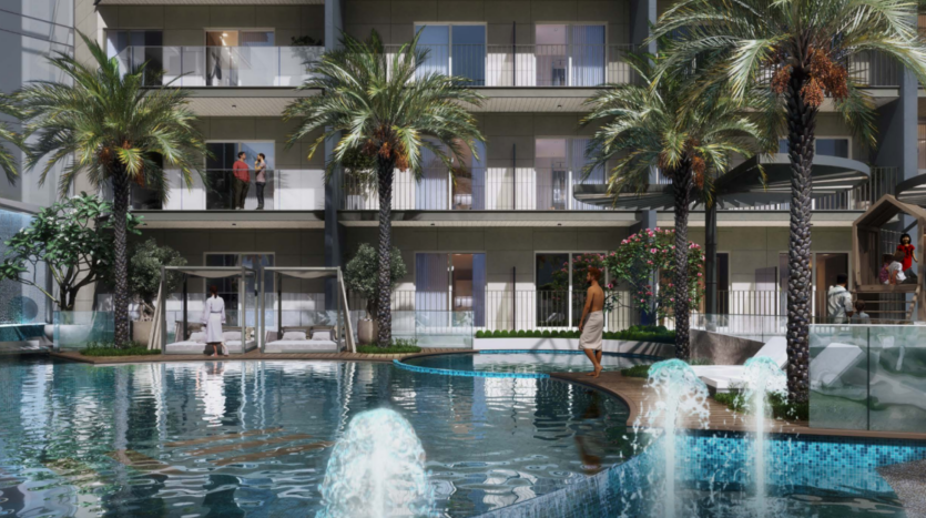 Il moderno cortile residenziale di Floarea Grande ha una piscina circondata da palme. Le persone si rilassano qui: alcuni si godono la vista dal balcone, altri stanno a bordo piscina, creando un'atmosfera rilassata e tropicale.