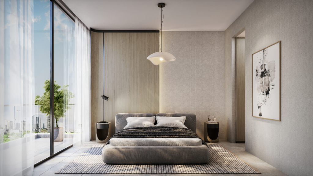 A modern Verano room with a large window offers stunning city views. It features a low bed with gray bedding, two bedside tables, a pendant lamp, abstract wall art and a textured rug. Natural light fills the room, enhancing its minimalist decor.