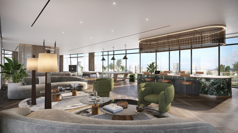 A spacious, modern living space with panoramic views of the city of Verano. It features elegant curved sofas, green armchairs and a marble kitchen island. Large windows let in natural light and the decor includes contemporary plants and lighting.
