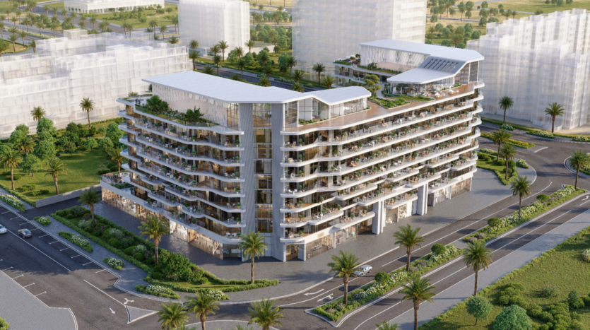 Verano, a modern multi-storey apartment building with spacious balconies and roof terraces, is surrounded by palm trees and landscaped gardens. Its architecture is characterized by curved lines and extensive use of glass, perfectly complementing the urban landscape in the background.