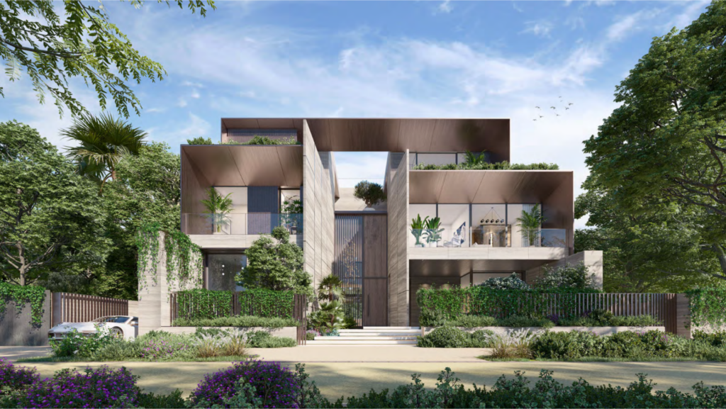 The modern Bo Monde multi-storey home features large bay windows and geometric overhangs. Its exterior is surrounded by lush vegetation, with an elegant car in the driveway, under a clear sky dotted with birds in flight.