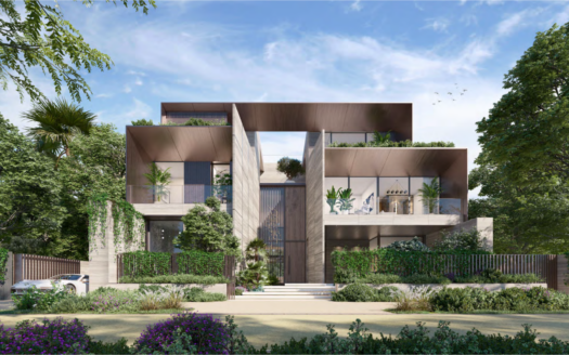 The modern Bo Monde multi-storey home features large bay windows and geometric overhangs. Its exterior is surrounded by lush vegetation, with an elegant car in the driveway, under a clear sky dotted with birds in flight.