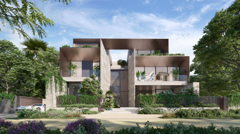 La maison moderne à étages Bo Monde est dotée de grandes baies vitrées et de surplombs géométriques. Son extérieur est entouré d'une végétation luxuriante, avec une voiture élégante dans l'allée, sous un ciel clair parsemé d'oiseaux en vol.
