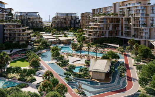 Aerial view of Crestlane, a luxury residential complex comprising several modern apartment buildings. The neighborhood features lush vegetation, landscaped gardens, swimming pools and a winding pathway. Rooftop terraces and the city skyline enhance the picturesque setting of this urban oasis.