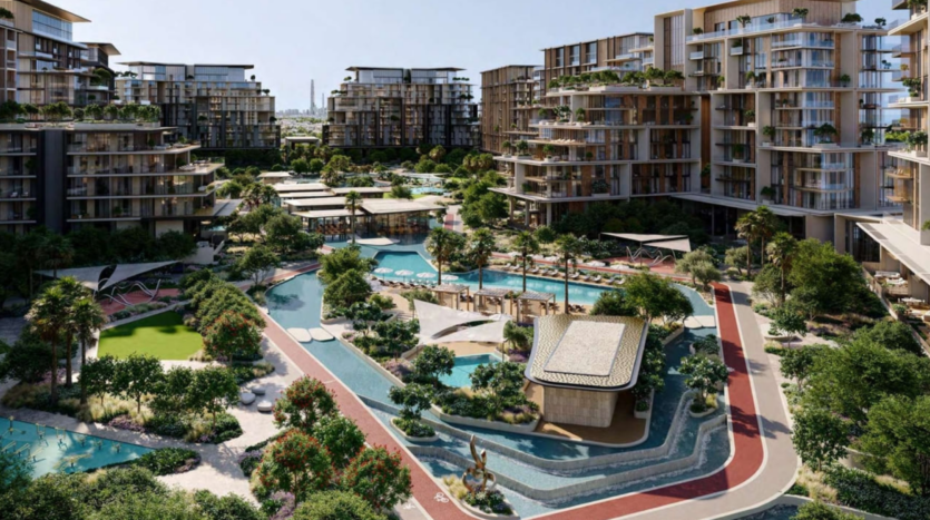 Veduta aerea di Crestlane, un complesso residenziale di lusso composto da diversi blocchi di appartamenti moderni. L'area è caratterizzata da una vegetazione rigogliosa, giardini paesaggistici, piscine e un percorso tortuoso. Le terrazze sui tetti e lo skyline della città esaltano l'ambiente pittoresco di questa oasi urbana.