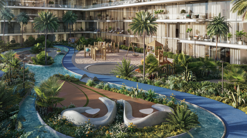 The Verano courtyard is a luxurious oasis with a meandering stream, lush vegetation and a playground with swings and climbing structures. Surrounded by modern multi-storey buildings with balconies, it promises both tranquility and contemporary living.