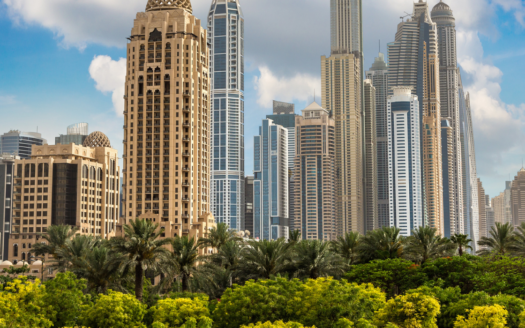 Eine Stadtlandschaft mit vielen modernen Wolkenkratzern, die eine Mischung aus architektonischen Stilen präsentiert, die an Dubai erinnert. Im Vordergrund blühen üppige Vegetation und Palmen unter einem blauen, teilweise bewölkten Himmel und erinnern an eine ruhige Oase inmitten der städtischen Größe.