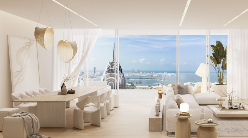Un soggiorno e una sala da pranzo moderni e spaziosi, con arredi in legno chiaro e decorazioni bianche, questo gioiello immobiliare di lusso offre ampie finestre con vista sul paesaggio urbano e sull'oceano. Le luci soffuse e il design minimalista creano un ambiente arioso in queste squisite residenze private.