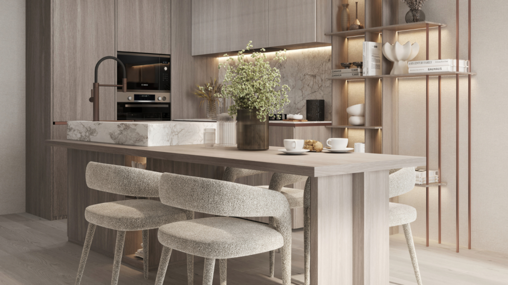 Современная кухня на бульваре Cove с мебелью из светлого дерева и мраморным островом с вазой с цветами. Три мягких стула расположены напротив острова. Открытые полки с предметами декора и встроенная техника завершают элегантный дизайн.