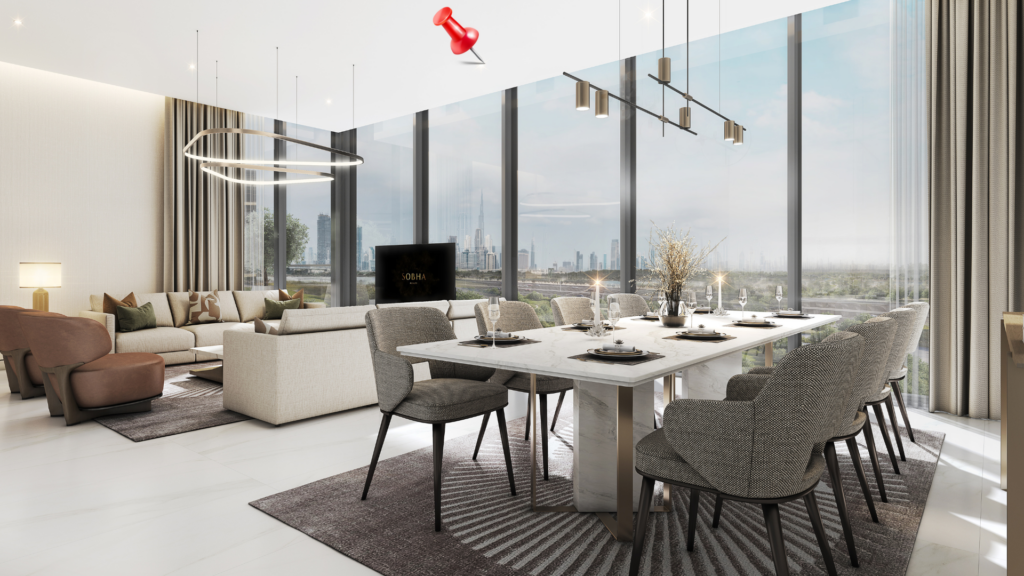 Scoprite l'Element al Sobha One: un moderno soggiorno e sala da pranzo a pianta aperta con ampie finestre che si affacciano sul paesaggio urbano. Dispone di comodi divani, TV, tavolo da pranzo con sedie eleganti, illuminazione contemporanea e arredamento neutro.
