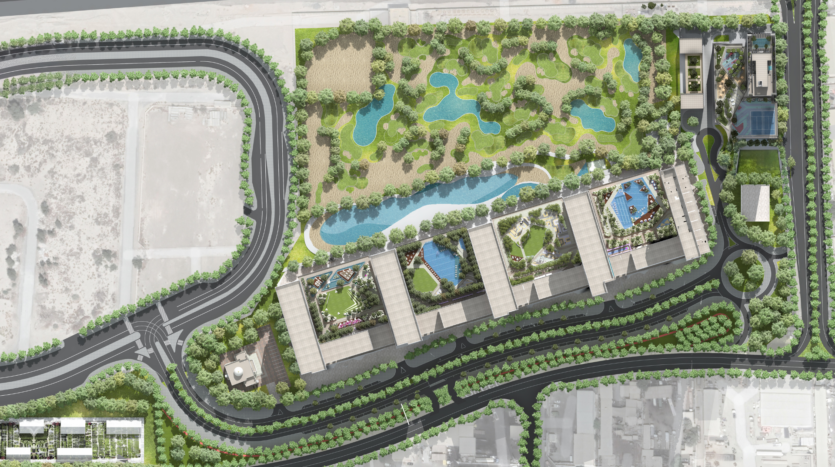 Una vista aerea del parco urbano Sobha One e dei suoi dintorni rivela strade tortuose, spazi verdi lussureggianti con sentieri e alberi, un sereno laghetto blu, diversi edifici rettangolari e un mix di spazi paesaggistici e naturali progettati da Sobha Real Estate.