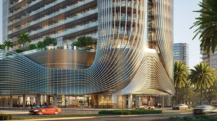 The Binghatti Skyhall features modern architecture with undulating, illuminated facades. Cars speed along the street, while palm trees sway nearby. On the upper floors, balconies adorned with plants add a touch of nature to this contemporary masterpiece.