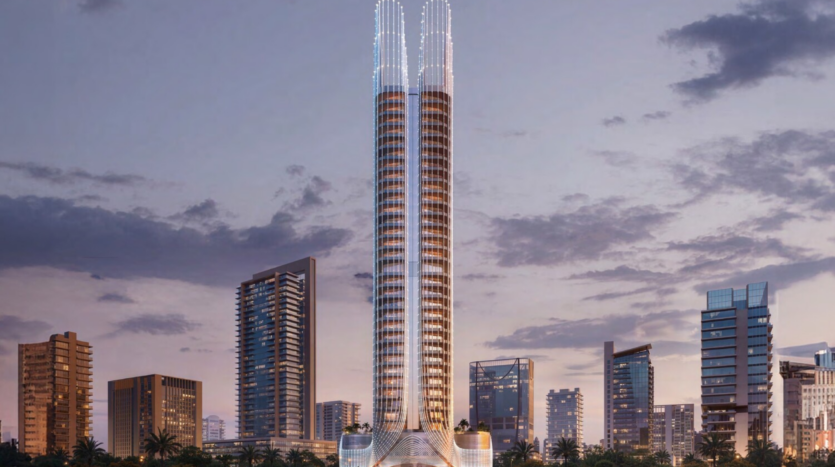 A modern cityscape at dusk highlights the iconic Binghatti Skyhall, a skyscraper with two illuminated towers, surrounded by other skyscrapers. The sky is partly cloudy, tinged with a violet-orange hue, while palm trees elegantly line the foreground.